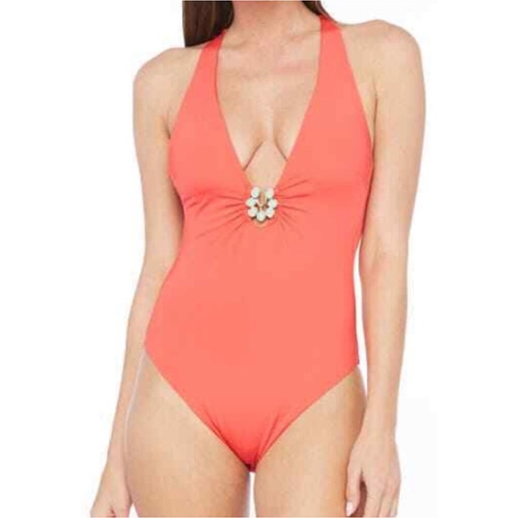 Trina Turk Bijou Plunge Orange Bejeweled V Plunge One Piece Swim Sz 12